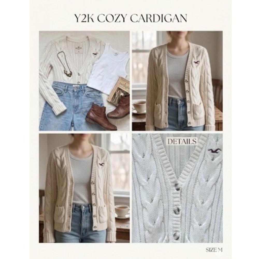 Hollister Womens Y2K Cable Knit Cardigan Sweater Seagull Logoโ Off White Size M